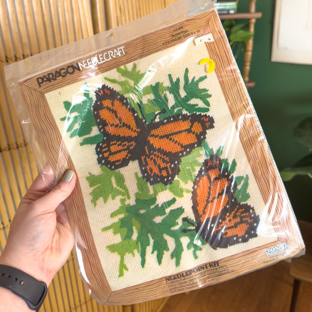New Vintage 1970’s Paragon Needlecraft Monarch Butterflies 5409 Needlepoint Kit